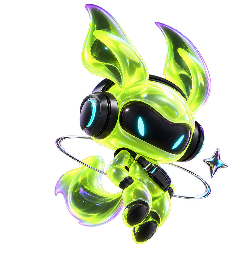 Hush, Hasrat’s original lime 3D mascot wearing black headphones